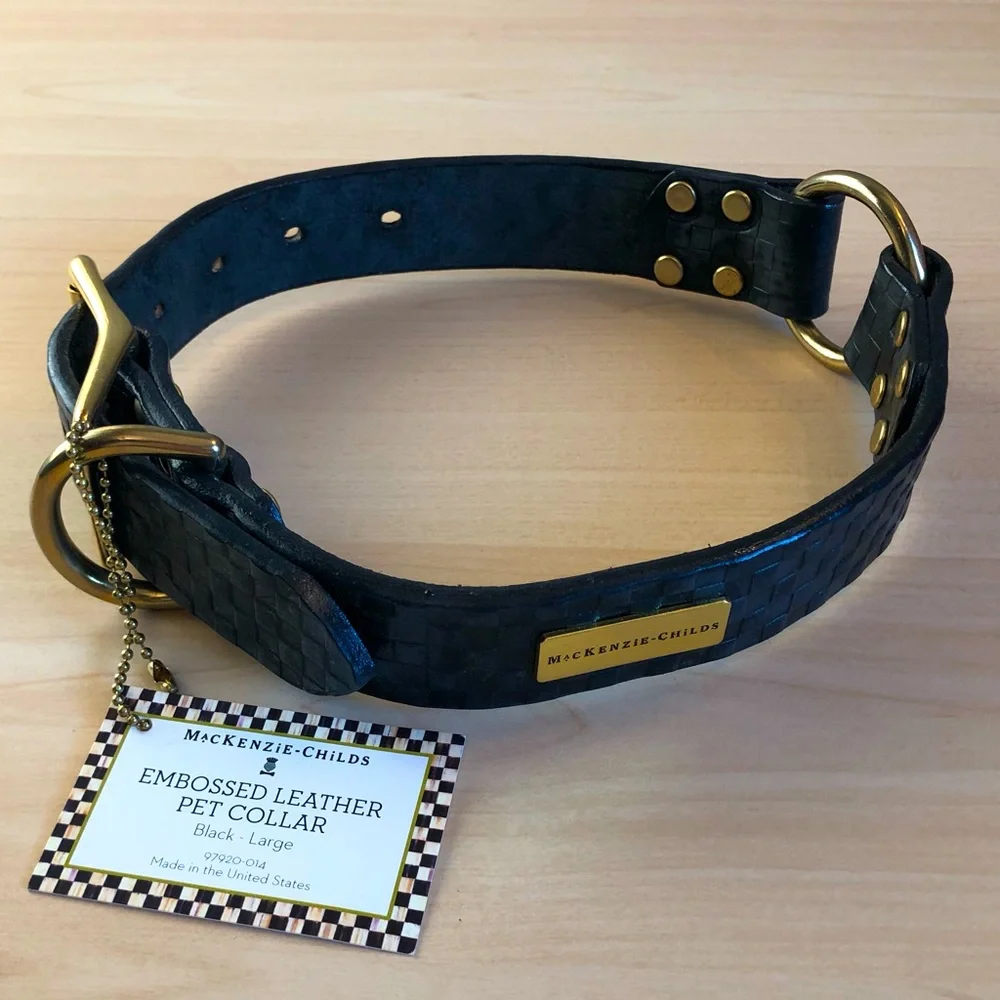 NWT Mackenzie-Childs Embossed Real Bridle Leather Blk Dog Collar (Size:Large)